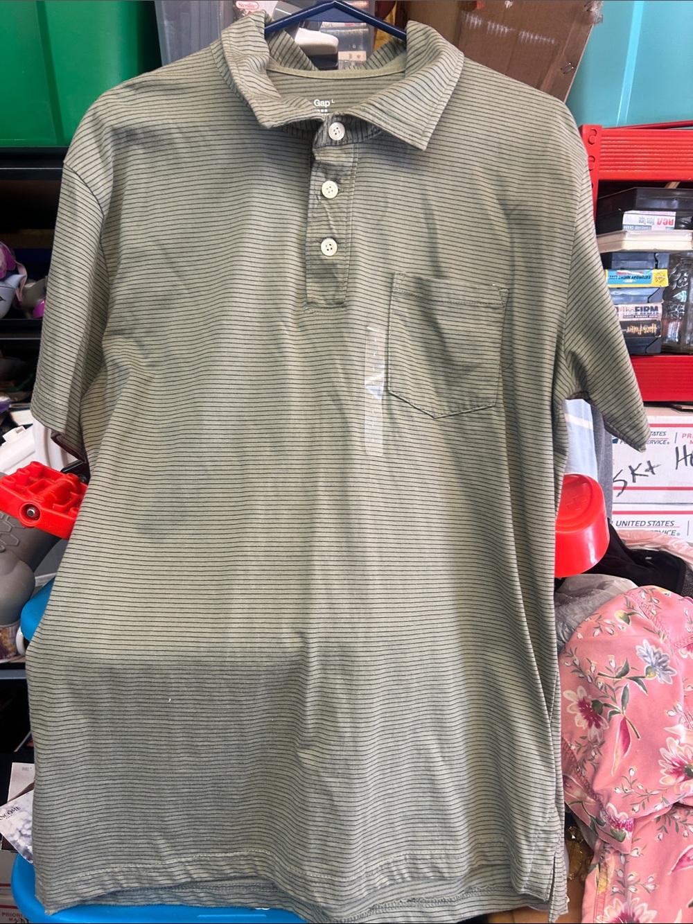 Vintage brand new GAP Men's Olive Green Striped pocket Polo Shirt large